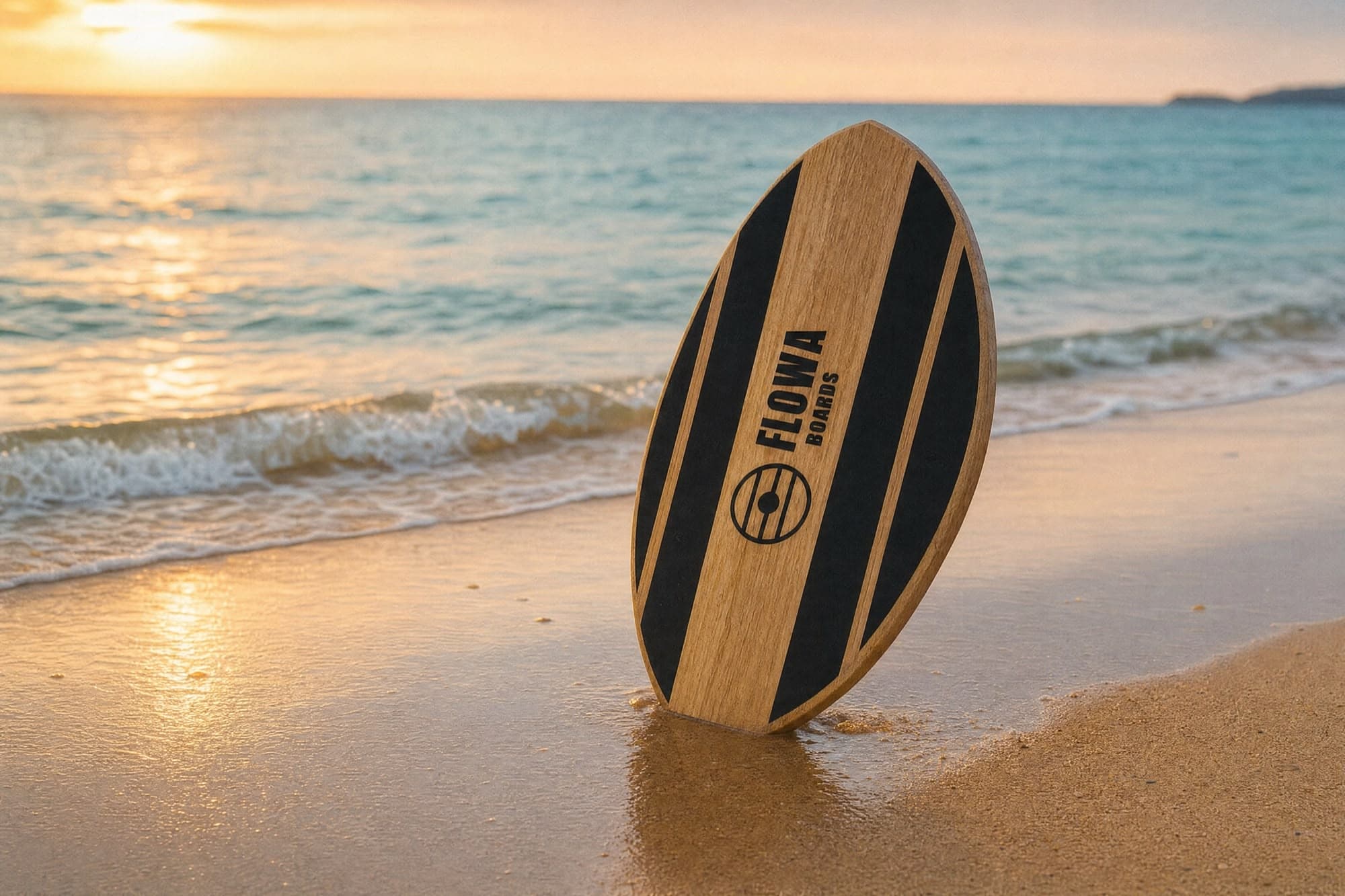 Tavola FlowaBoards Surf nella sabbia in riva al mare al tramonto